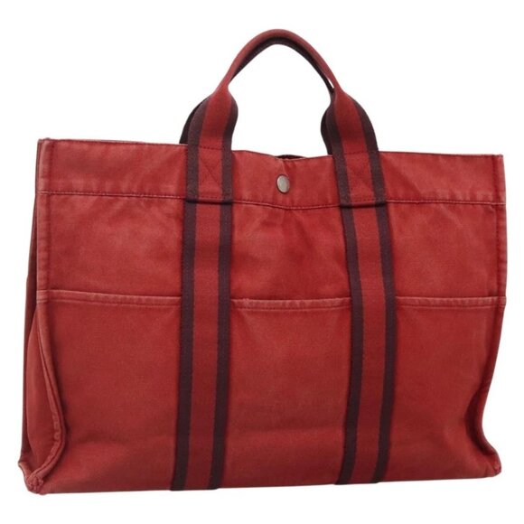 HERMES Fourre Tout MM Hand Bag Canvas Red Silver Auth - Picture 3 of 16